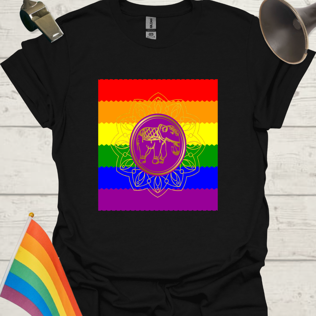 Unisex Pride T-Shirt - LGBT Pride Flag Ripples, Purple Golden Mandala Elephant Pattern Design