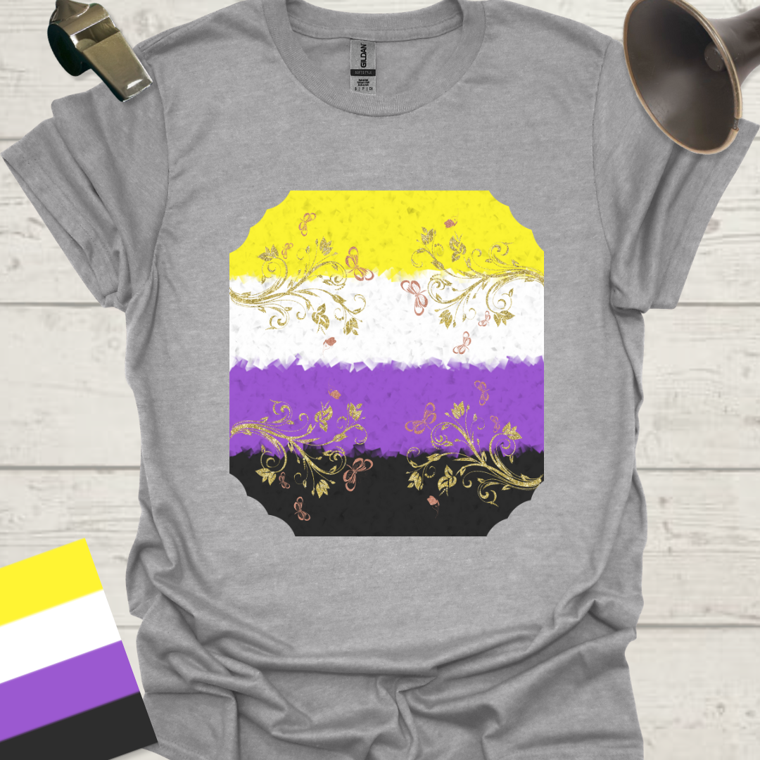 Unisex T-Shirt Golden Pink Floral Ornaments Non-Binary Cubism Flag Design