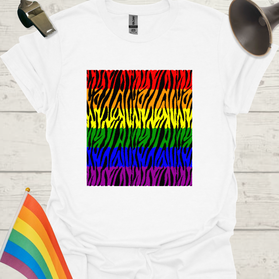 Unisex Pride T-Shirt - LGBT Pride Flag Ripples, Black Tiger Pattern Design