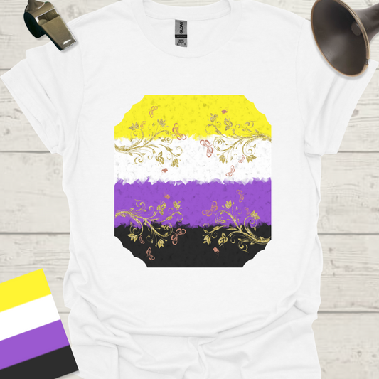 Unisex T-Shirt Golden Pink Floral Ornaments Non-Binary Cubism Flag Design