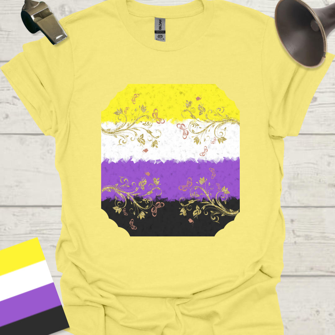 Unisex T-Shirt Golden Pink Floral Ornaments Non-Binary Cubism Flag Design