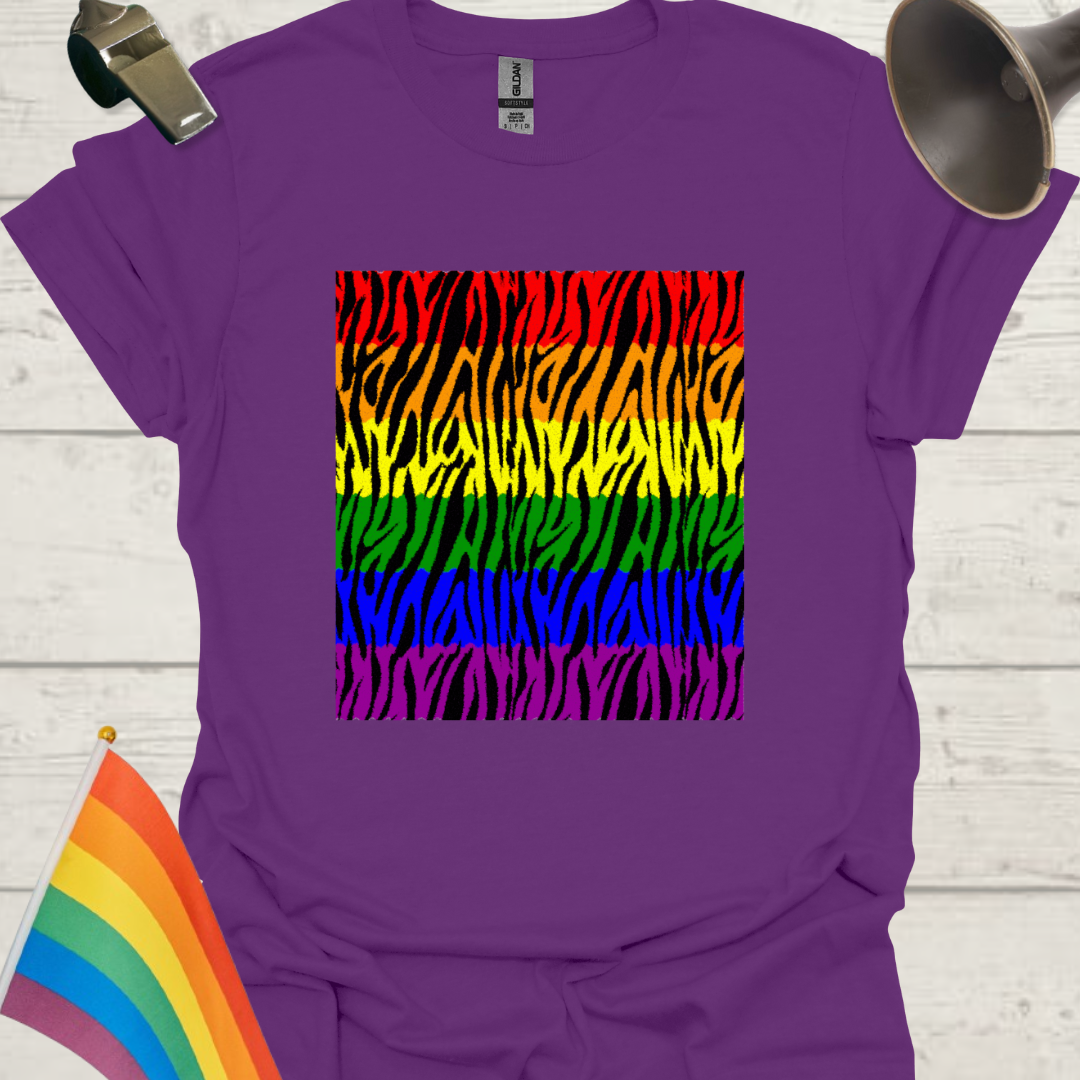 Unisex Pride T-Shirt - LGBT Pride Flag Ripples, Black Tiger Pattern Design