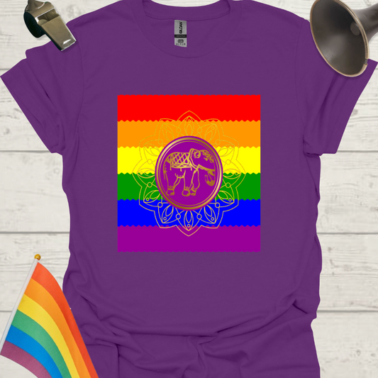 Unisex Pride T-Shirt - LGBT Pride Flag Ripples, Purple Golden Mandala Elephant Pattern Design
