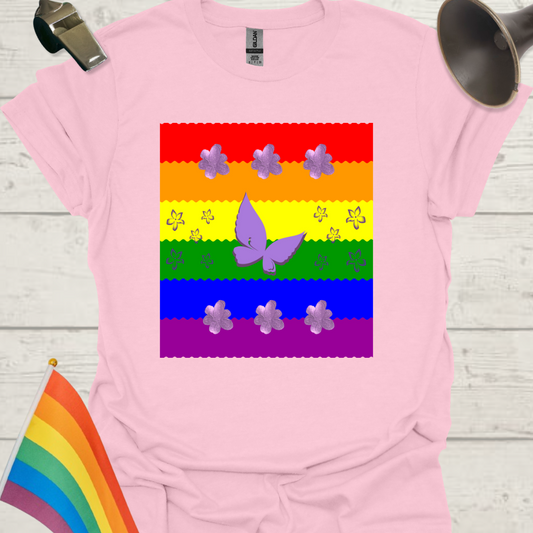 Unisex Pride T-Shirt - LGBT Pride Flag Ripples, Purple Glitter Butterfly, Flowers Pattern Design