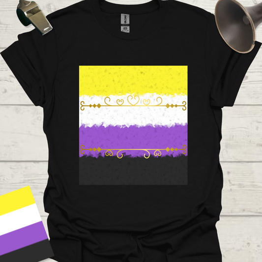 Unisex T-Shirt Golden Heart Lines Ornaments Non-Binary Cubism Flag Design
