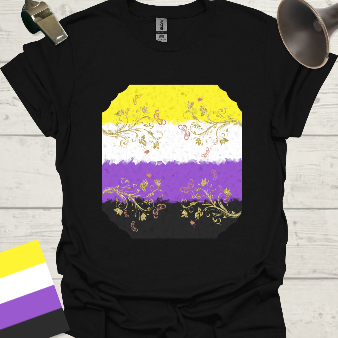Unisex T-Shirt Golden Pink Floral Ornaments Non-Binary Cubism Flag Design