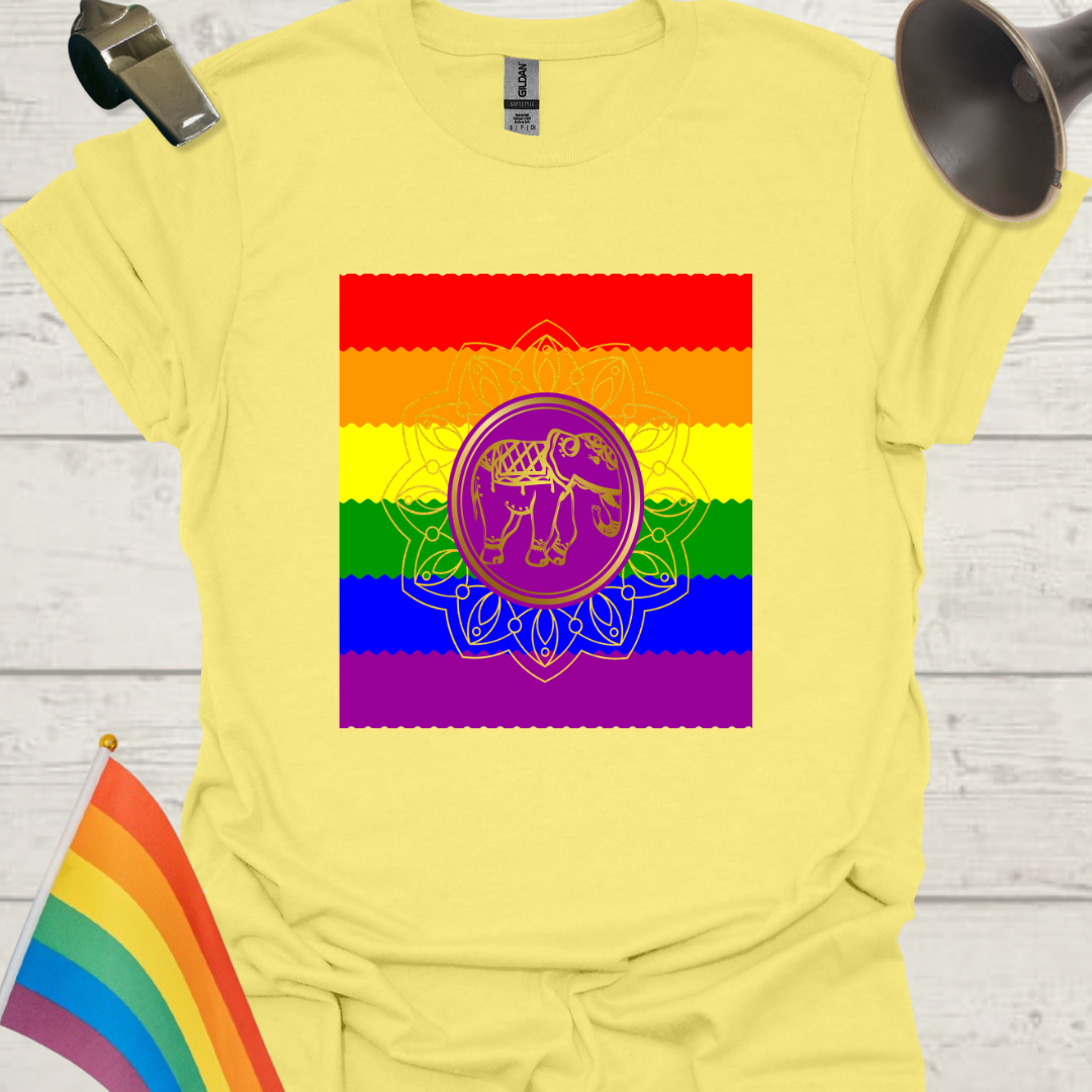 Unisex Pride T-Shirt - LGBT Pride Flag Ripples, Purple Golden Mandala Elephant Pattern Design