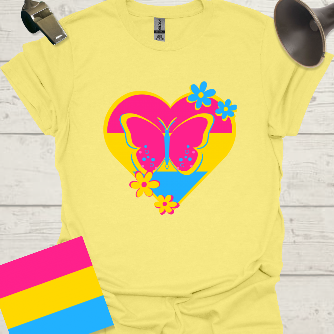 Pansexual Heart Butterfly and Flowers T-Shirt