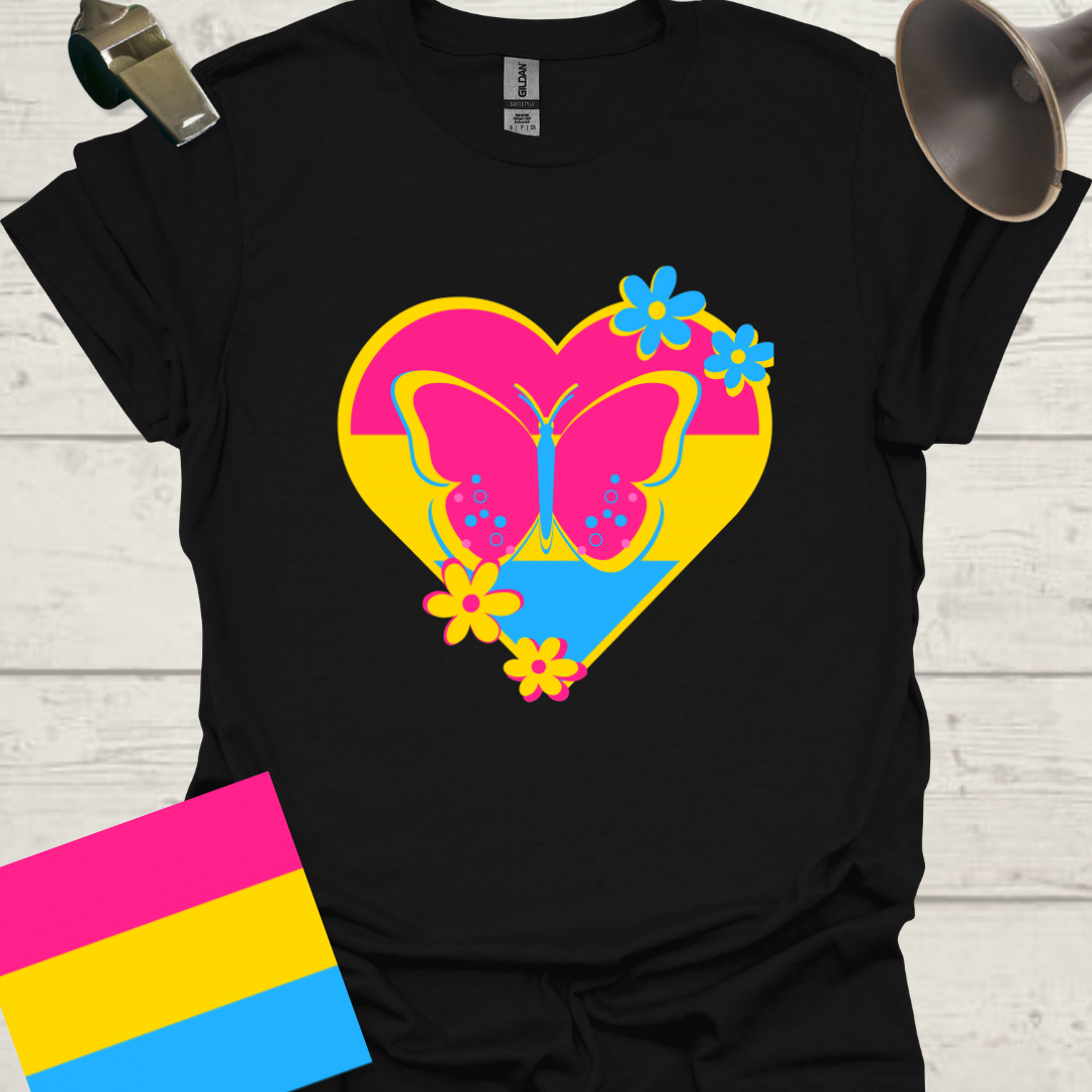 Pansexual Heart Butterfly and Flowers T-Shirt