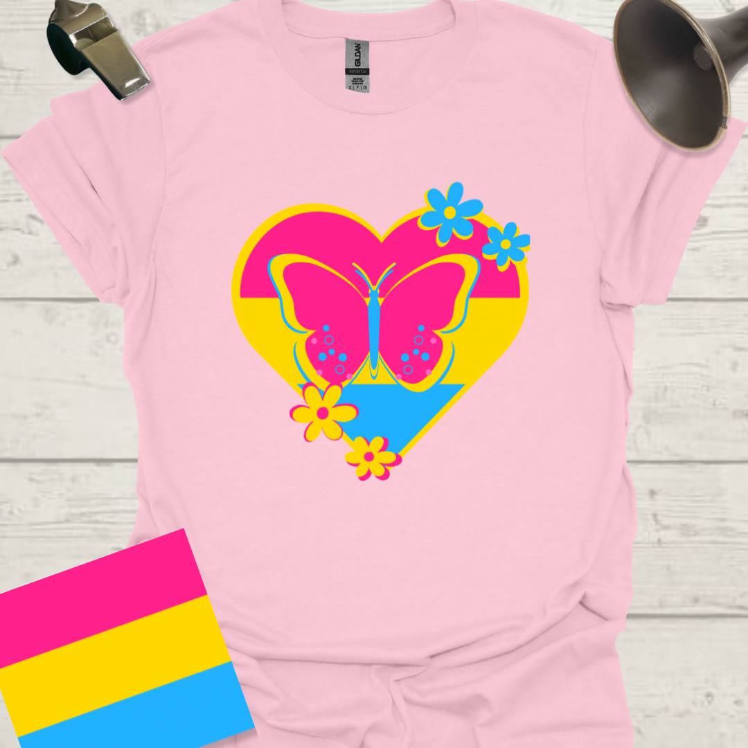 Pansexual Heart Butterfly and Flowers T-Shirt