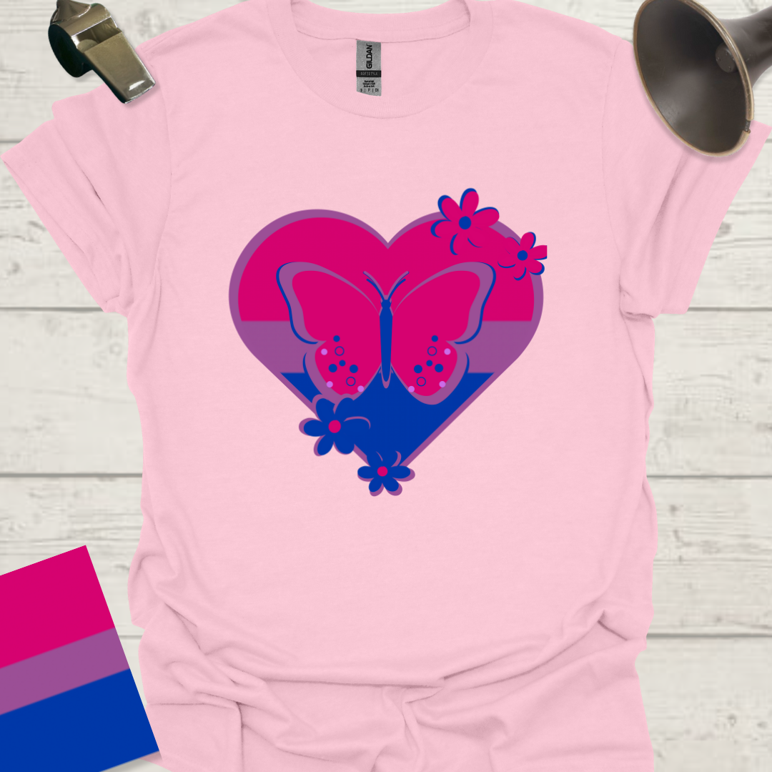Bisexual Flag Heart Butterfly Flowers T-Shirt