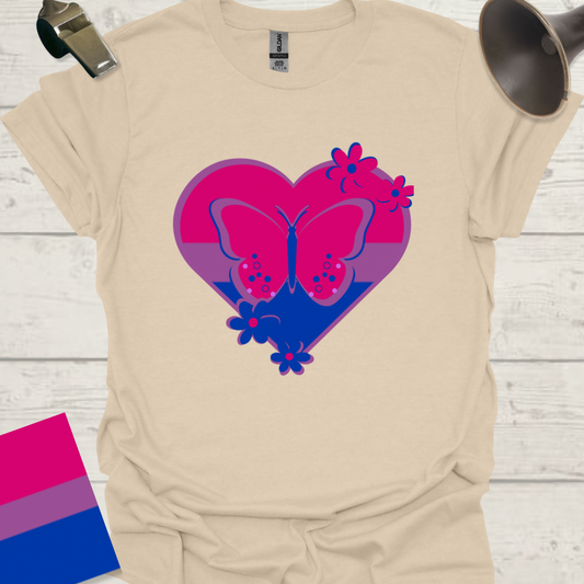 Bisexual Flag Heart Butterfly Flowers T-Shirt