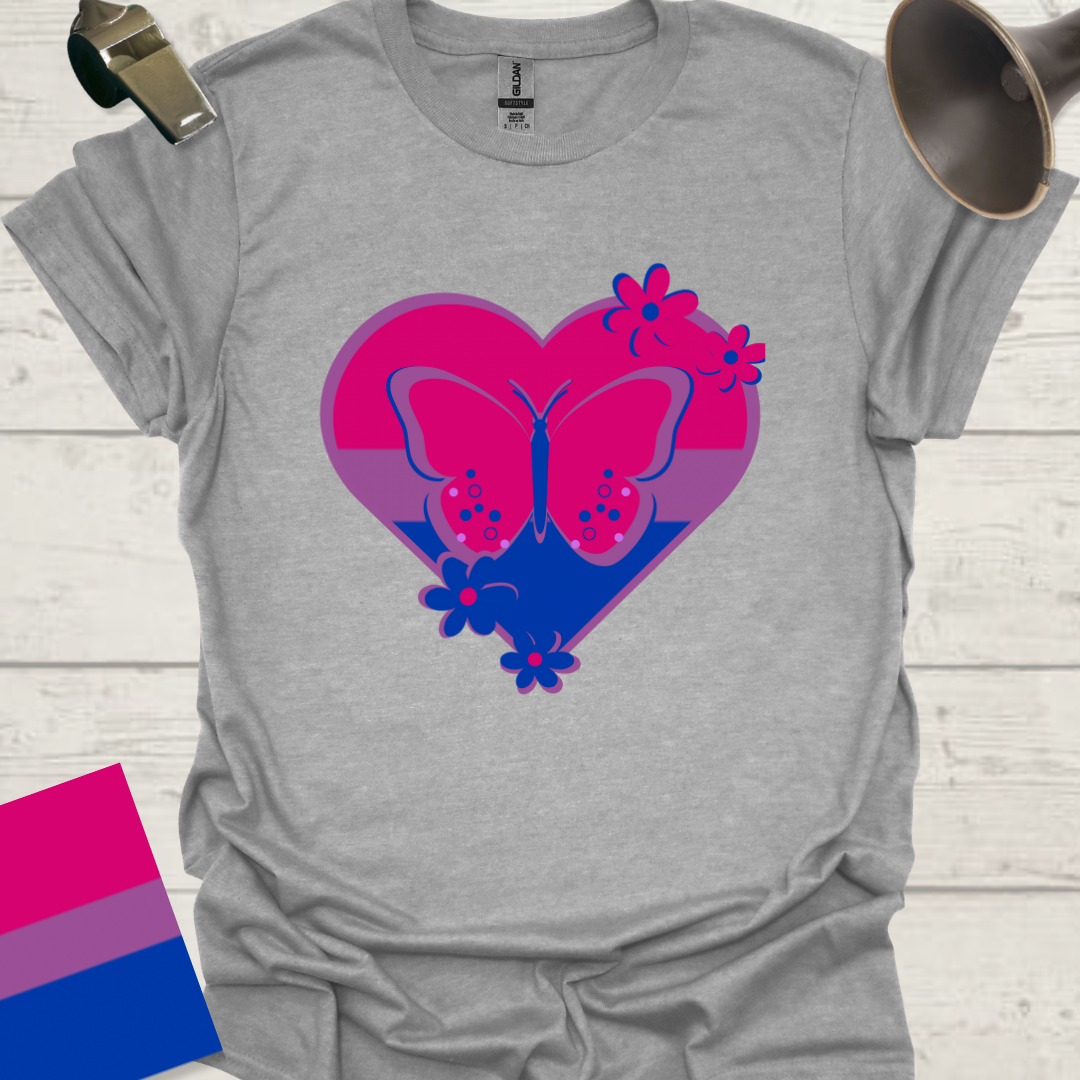 Bisexual Flag Heart Butterfly Flowers T-Shirt
