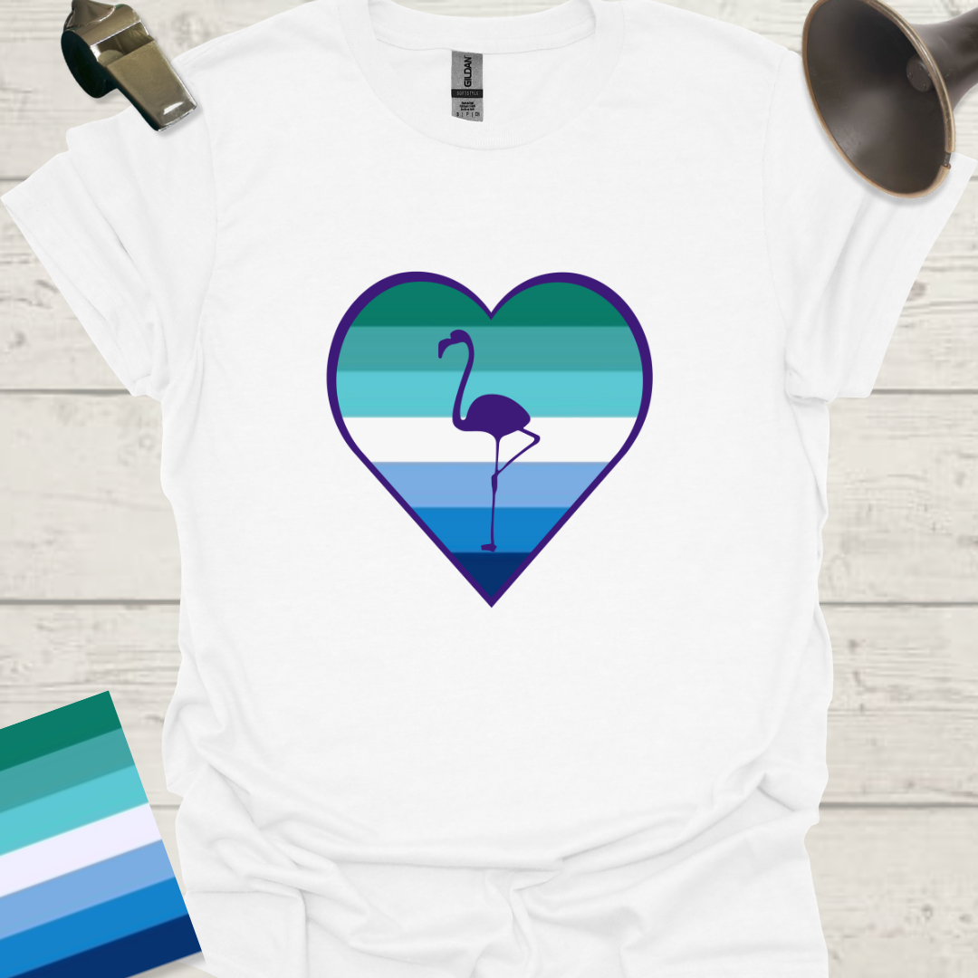 Gay Man Pride Flag Stripes in a Heart, Blue Flamingo T-Shirt