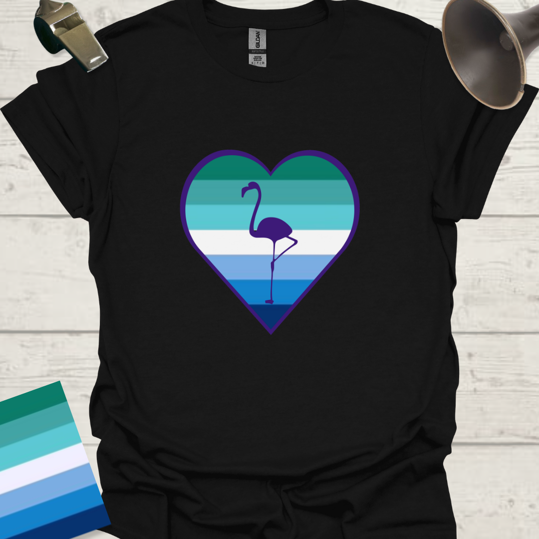 Gay Man Pride Flag Stripes in a Heart, Blue Flamingo T-Shirt