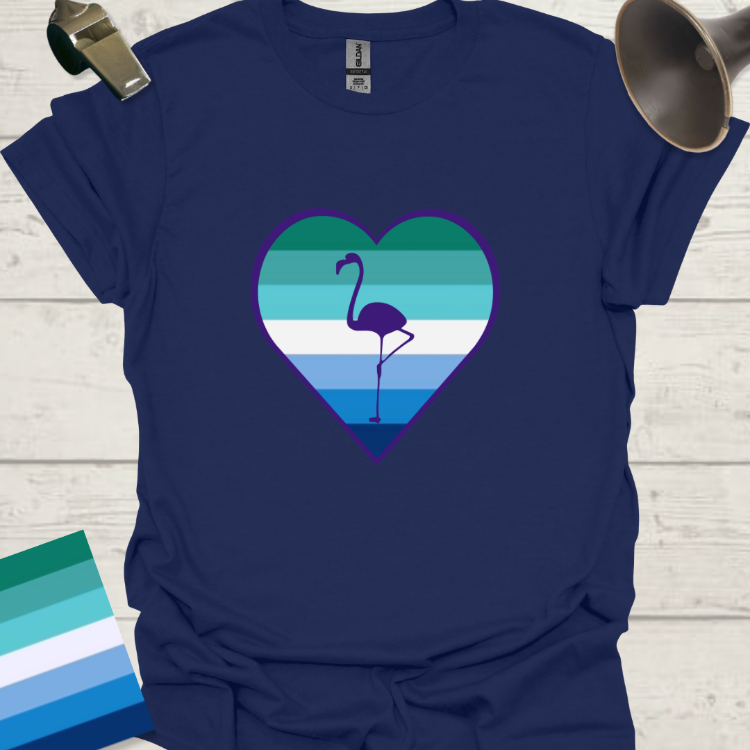 Gay Man Pride Flag Stripes in a Heart, Blue Flamingo T-Shirt