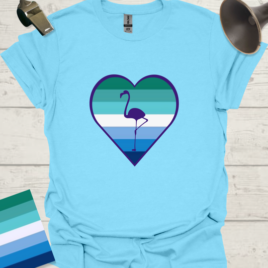 Gay Man Pride Flag Stripes in a Heart, Blue Flamingo T-Shirt