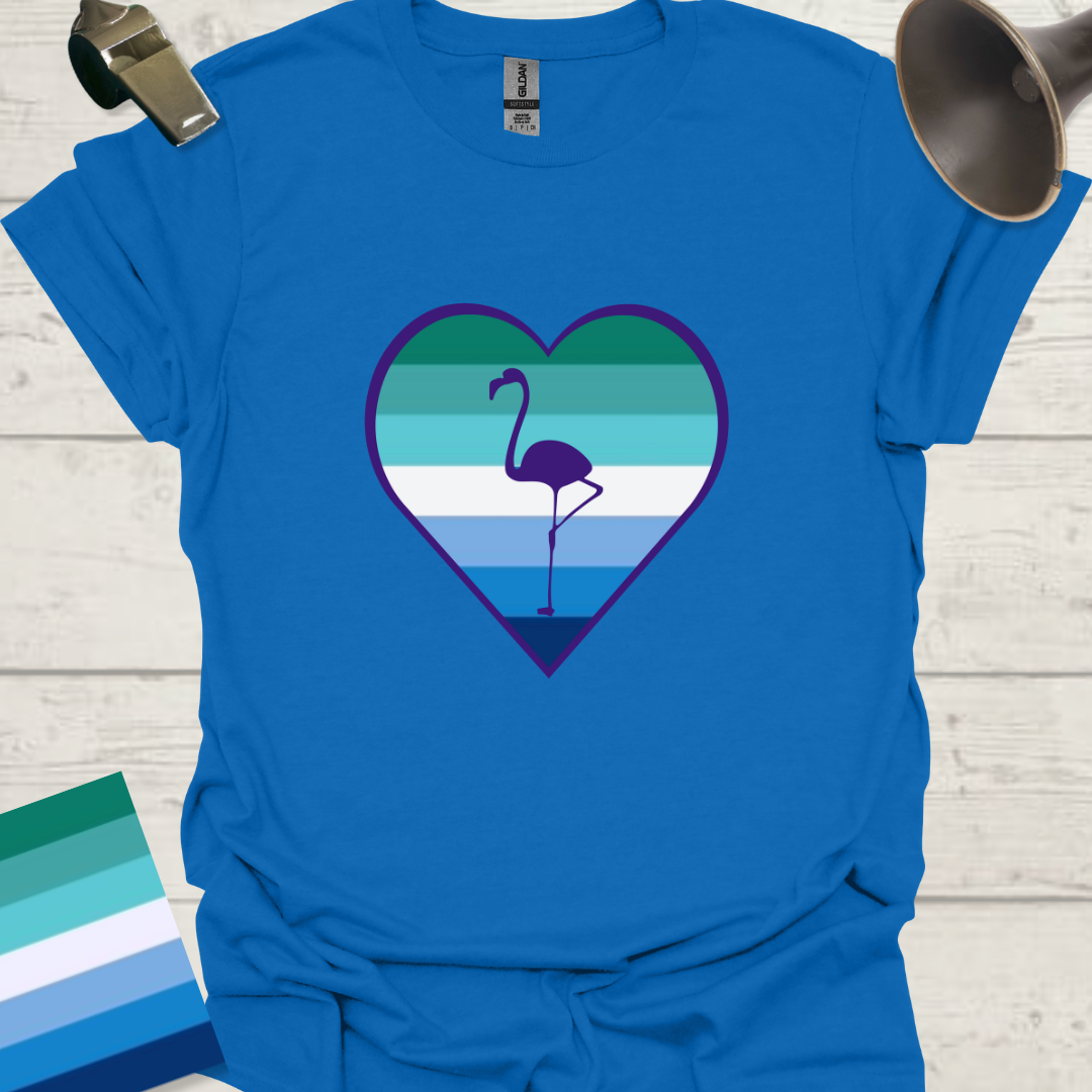 Gay Man Pride Flag Stripes in a Heart, Blue Flamingo T-Shirt