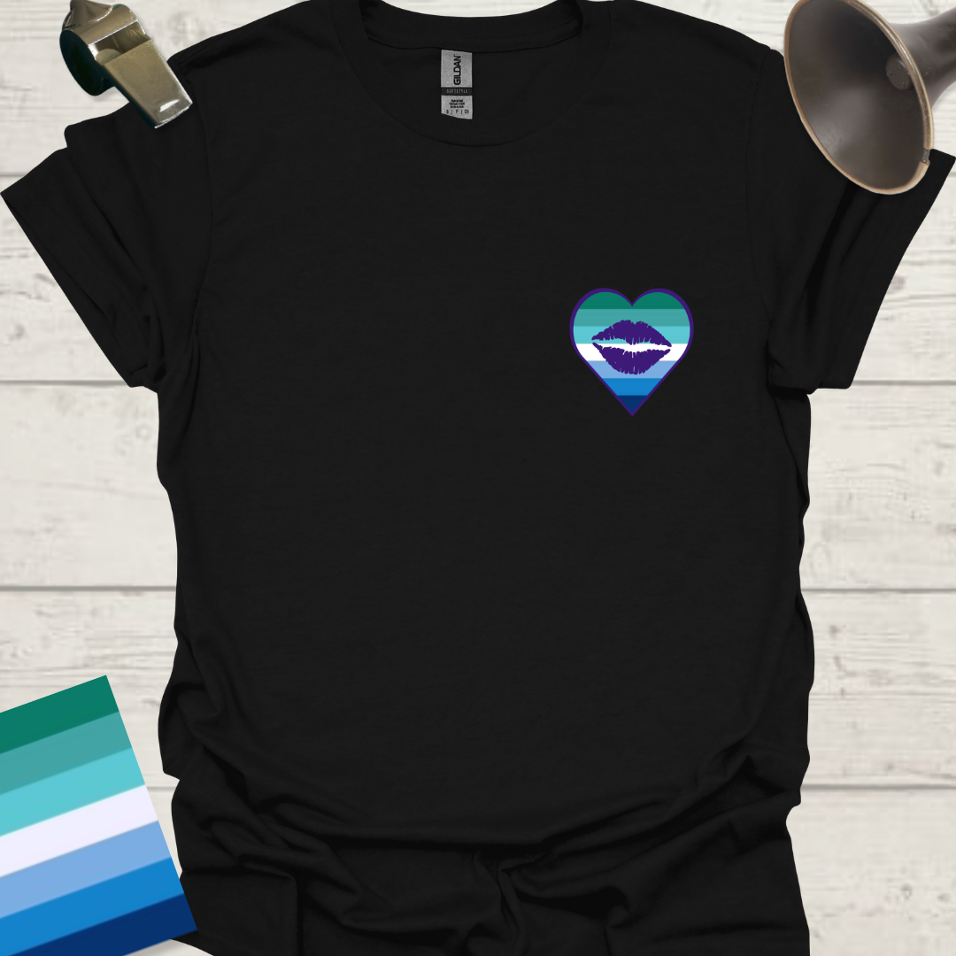 Gay Pride Flag Stripes Heart, Blue Kiss T-Shirt