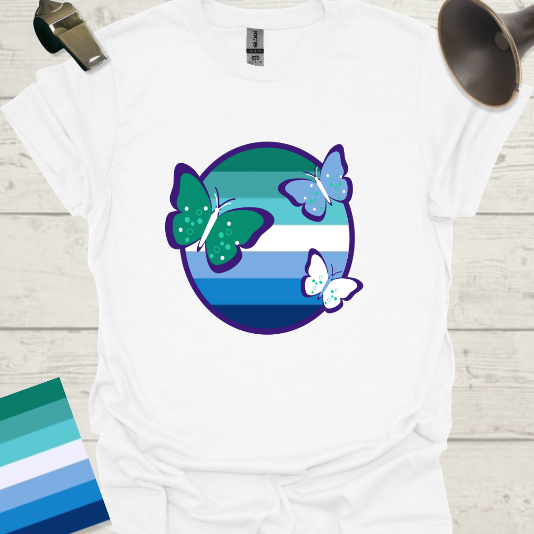 Gay Man Pride Flag Colors in a Sphere, Butterflies T-Shirt