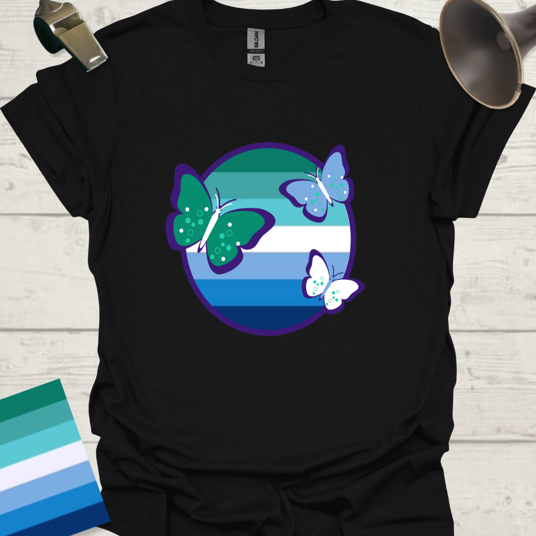 Gay Man Pride Flag Colors in a Sphere, Butterflies T-Shirt