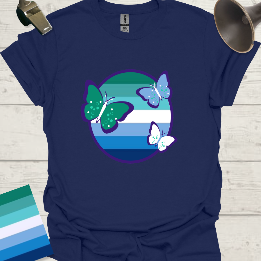 Gay Man Pride Flag Colors in a Sphere, Butterflies T-Shirt