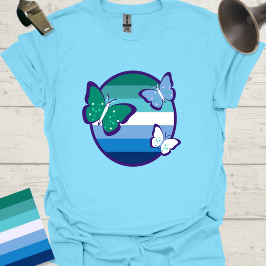 Gay Man Pride Flag Colors in a Sphere, Butterflies T-Shirt