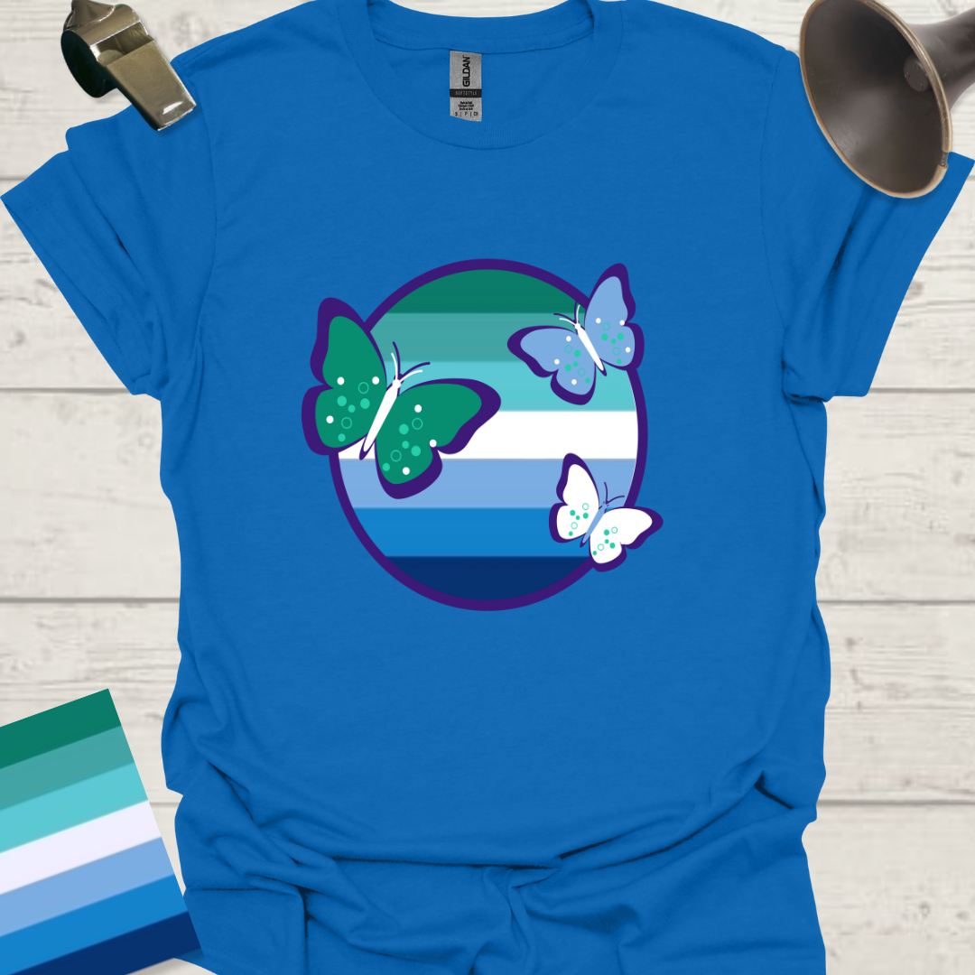 Gay Man Pride Flag Colors in a Sphere, Butterflies T-Shirt