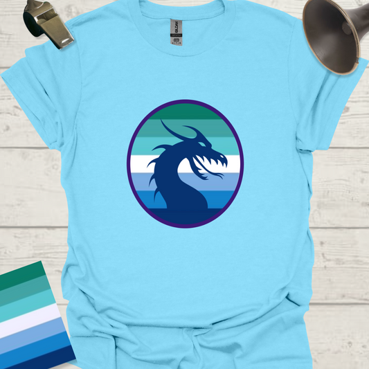 Gay Man Pride Flag Colors in a Sphere, Blue Dragon T-Shirt