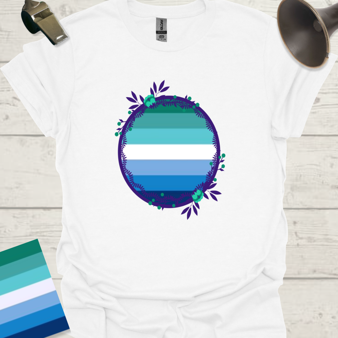 Gay Man Pride Rainbow Stripes in a Sphere, Blue Flowers T-Shirt