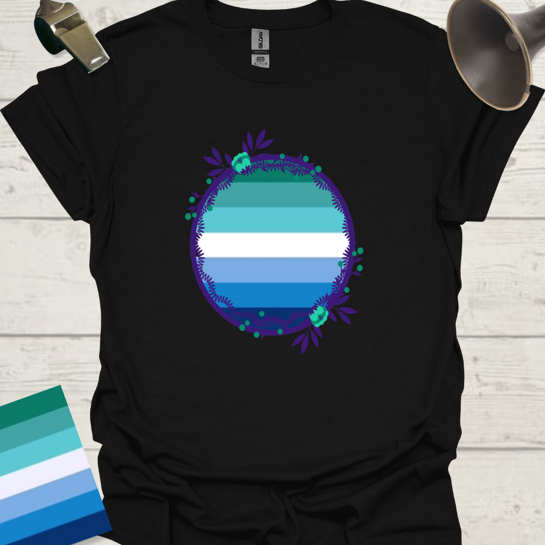 Gay Man Pride Rainbow Stripes in a Sphere, Blue Flowers T-Shirt