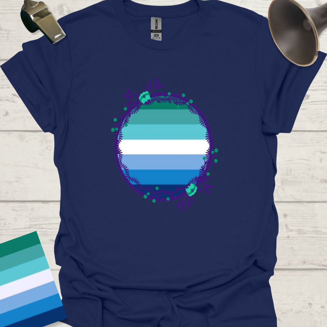 Gay Man Pride Rainbow Stripes in a Sphere, Blue Flowers T-Shirt