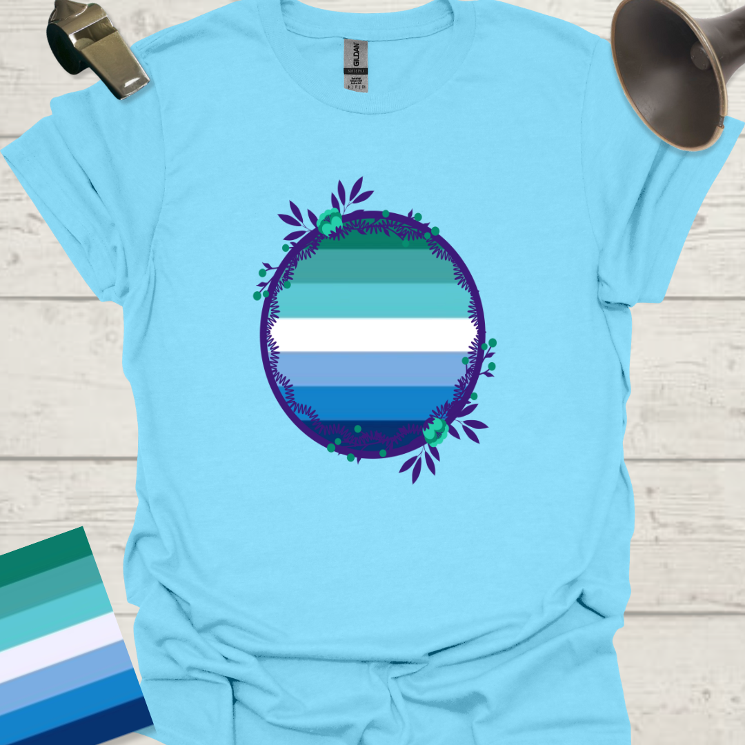 Gay Man Pride Rainbow Stripes in a Sphere, Blue Flowers T-Shirt