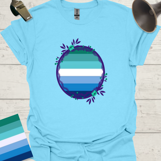Gay Man Pride Rainbow Stripes in a Sphere, Blue Flowers T-Shirt