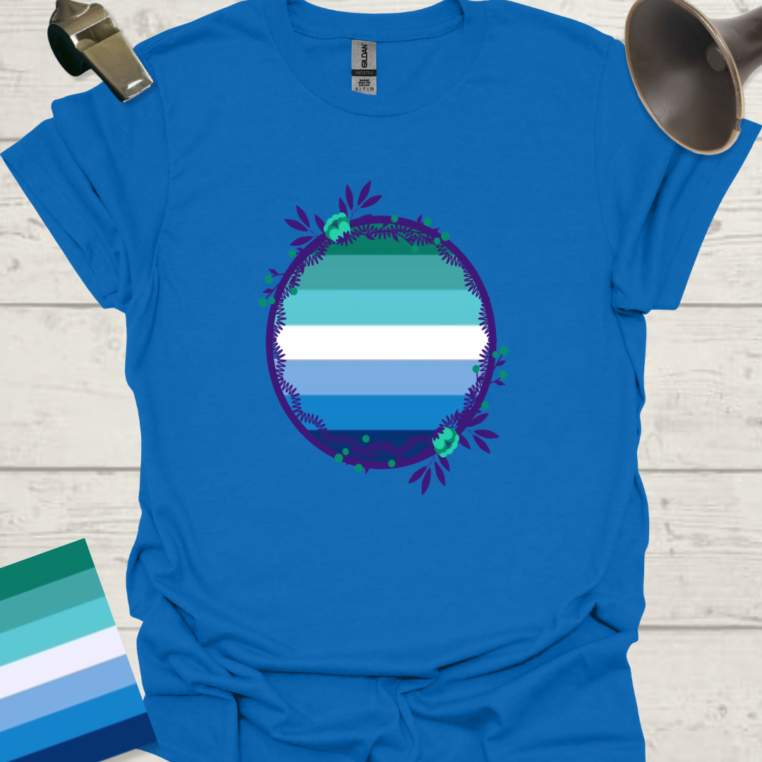 Gay Man Pride Rainbow Stripes in a Sphere, Blue Flowers T-Shirt
