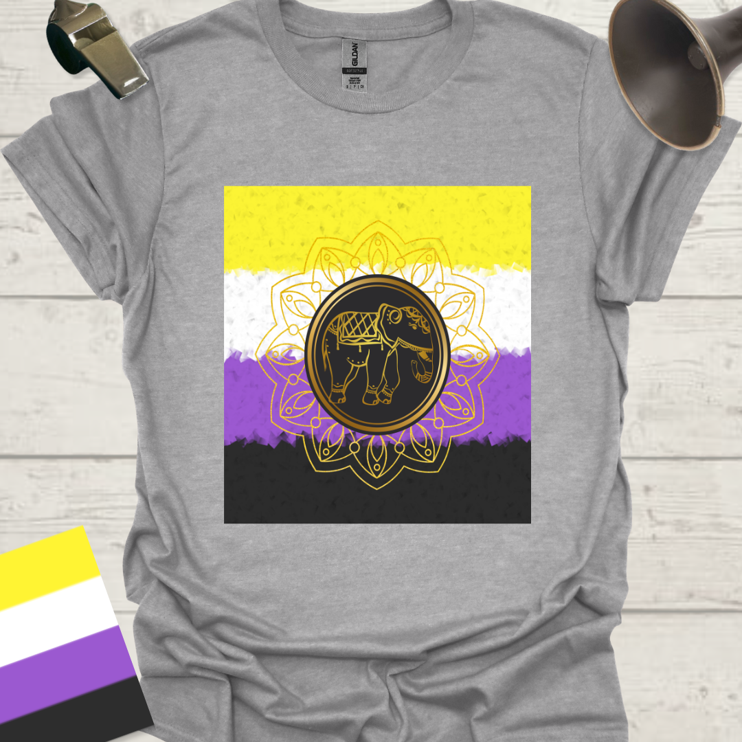 Unisex T-Shirt Golden Elephant, Mandala Flower Non-Binary Cubism Flag Design