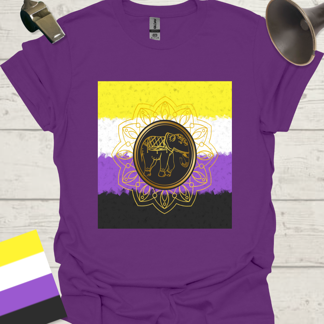 Unisex T-Shirt Golden Elephant, Mandala Flower Non-Binary Cubism Flag Design