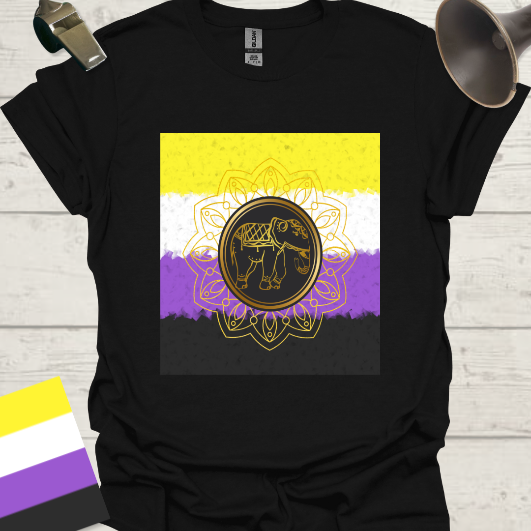 Unisex T-Shirt Golden Elephant, Mandala Flower Non-Binary Cubism Flag Design