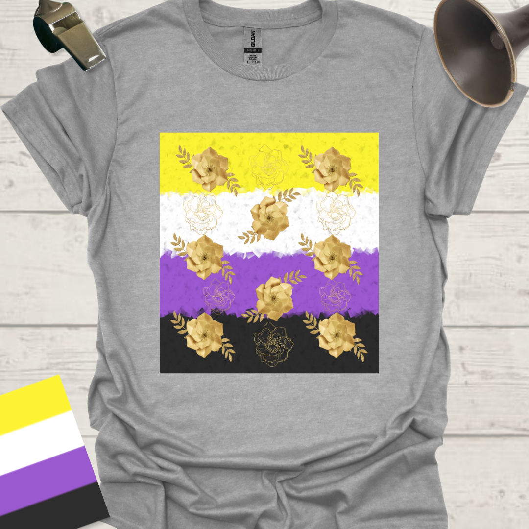 Unisex T-Shirt Golden Roses Pattern Non-Binary Cubism Flag Design