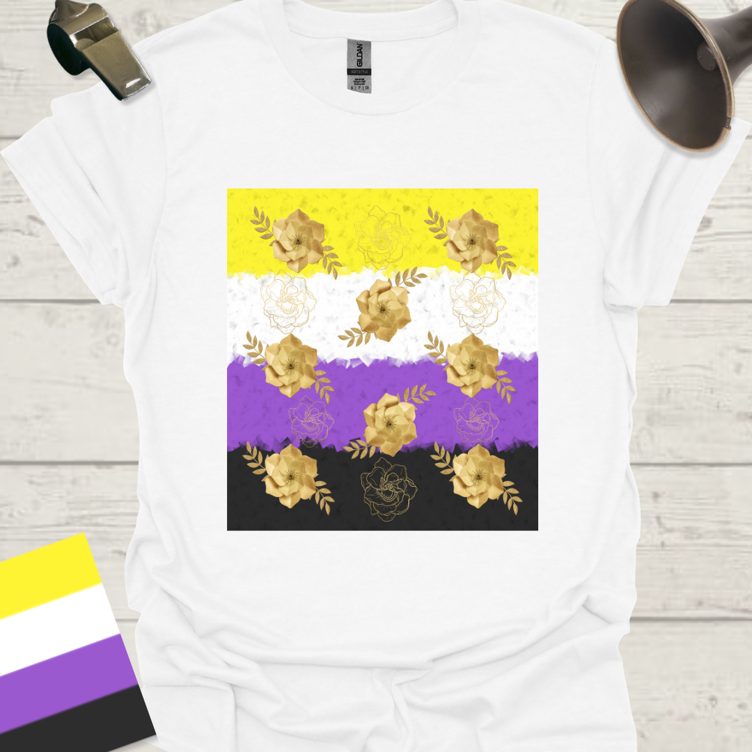 Unisex T-Shirt Golden Roses Pattern Non-Binary Cubism Flag Design