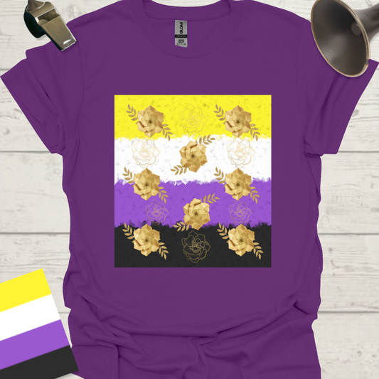 Unisex T-Shirt Golden Roses Pattern Non-Binary Cubism Flag Design