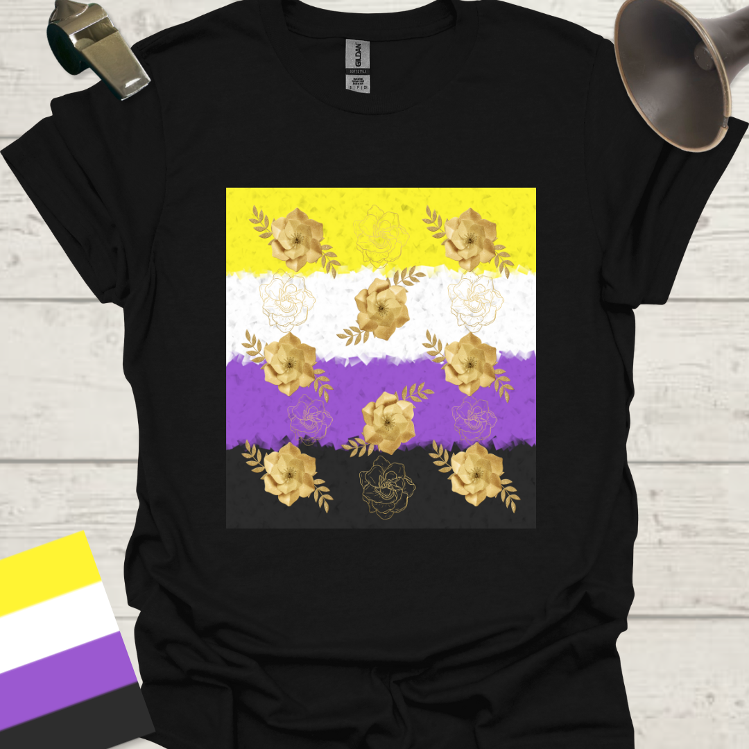 Unisex T-Shirt Golden Roses Pattern Non-Binary Cubism Flag Design