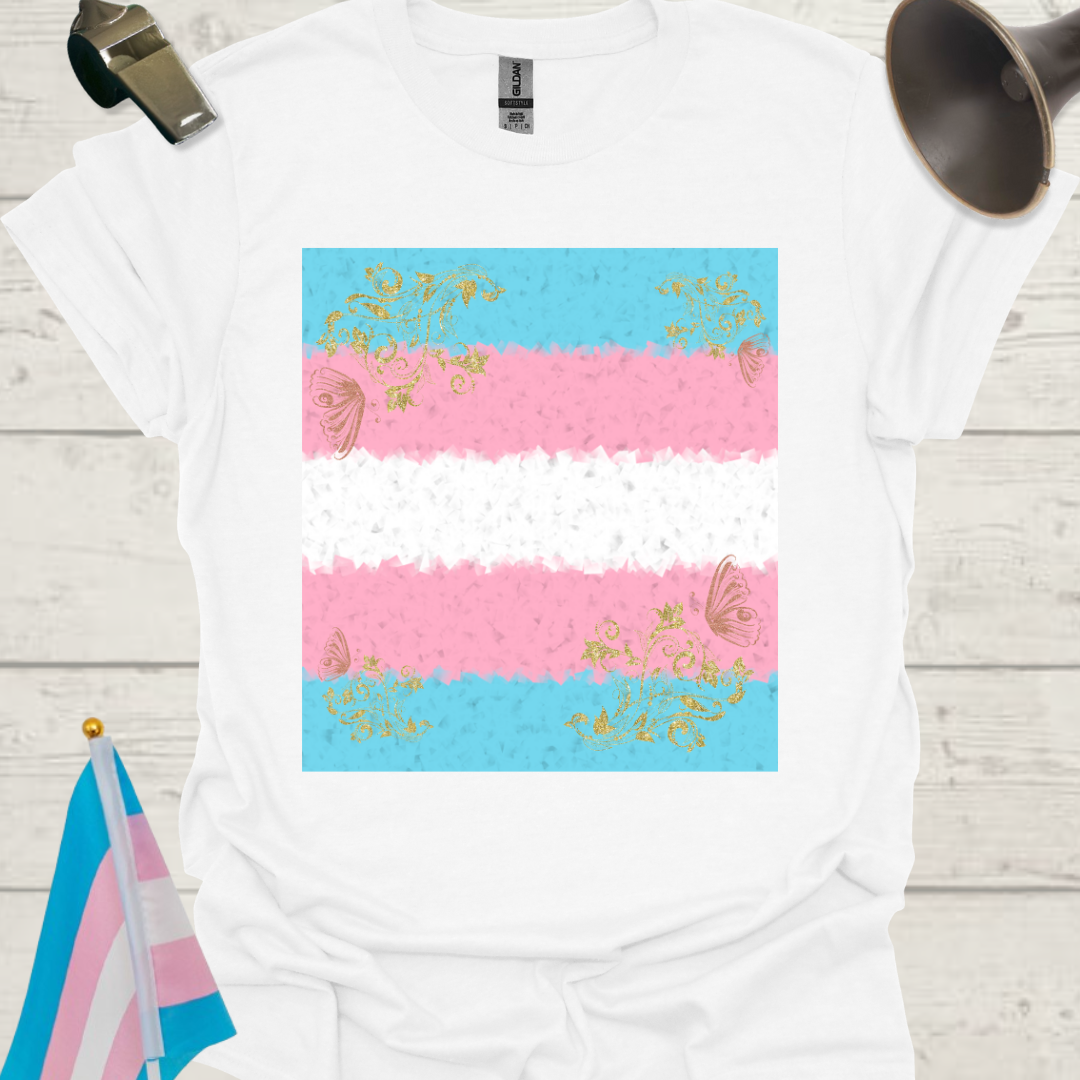 Transgender Pride T-Shirt, Cubism Golden Floral, Butterflies Pattern Unisex Softstyle