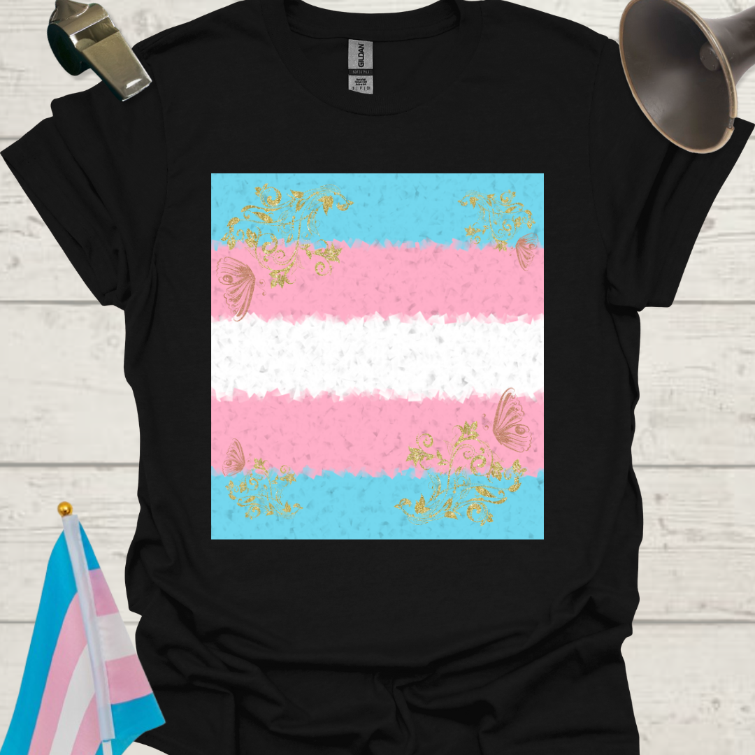 Transgender Pride T-Shirt, Cubism Golden Floral, Butterflies Pattern Unisex Softstyle