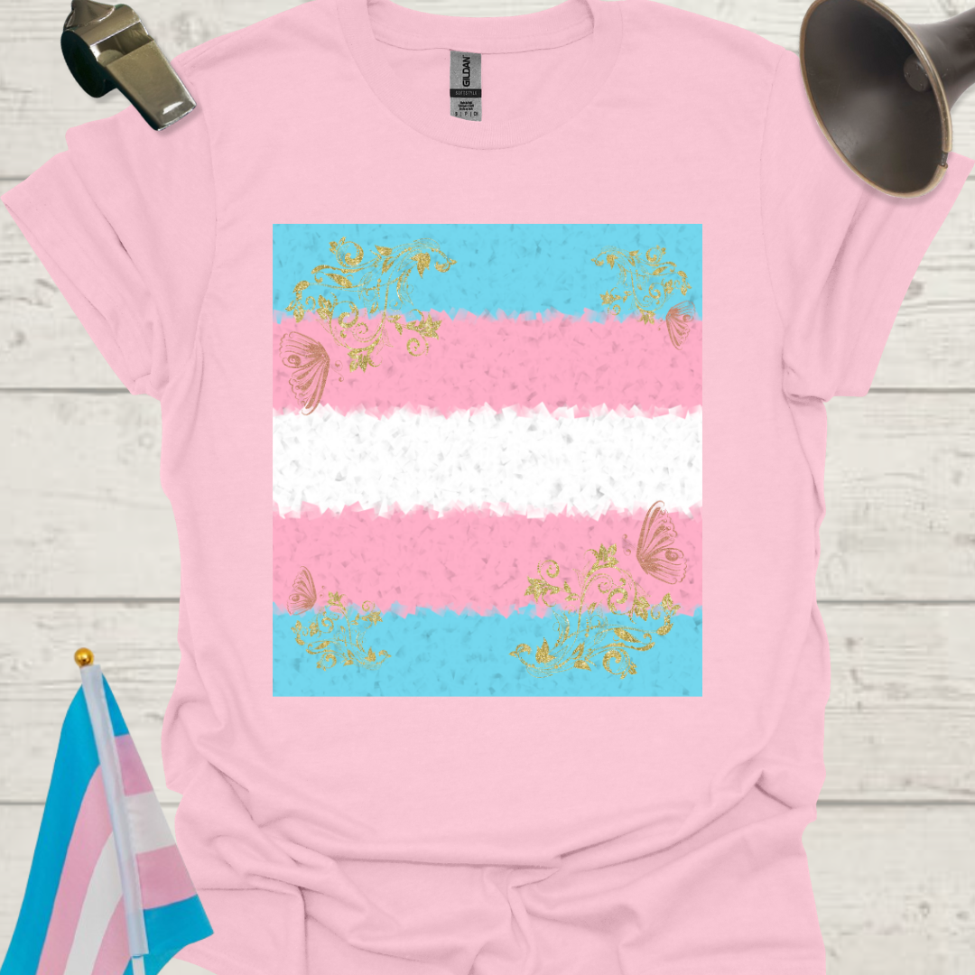 Transgender Pride T-Shirt, Cubism Golden Floral, Butterflies Pattern Unisex Softstyle