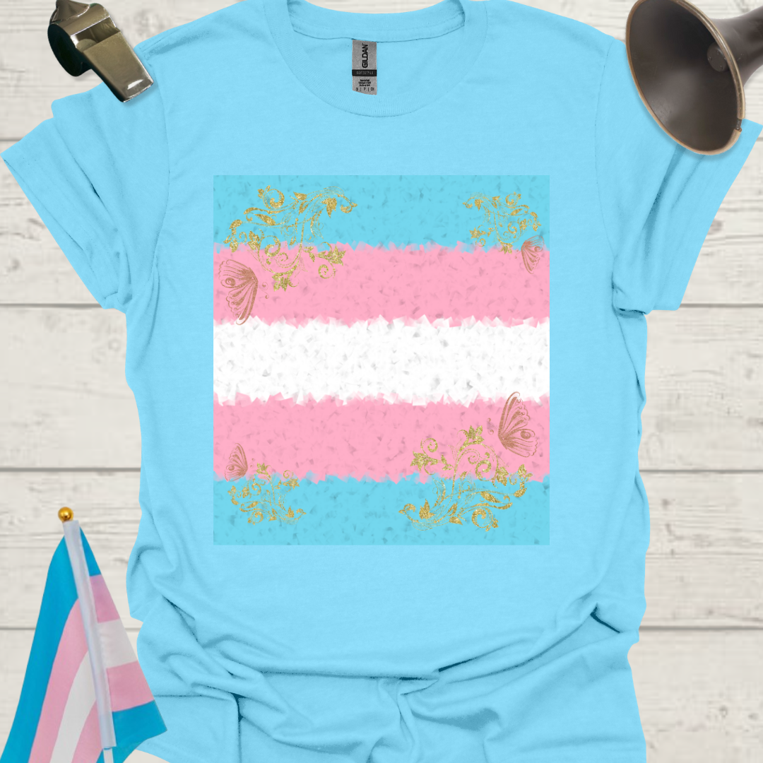 Transgender Pride T-Shirt, Cubism Golden Floral, Butterflies Pattern Unisex Softstyle