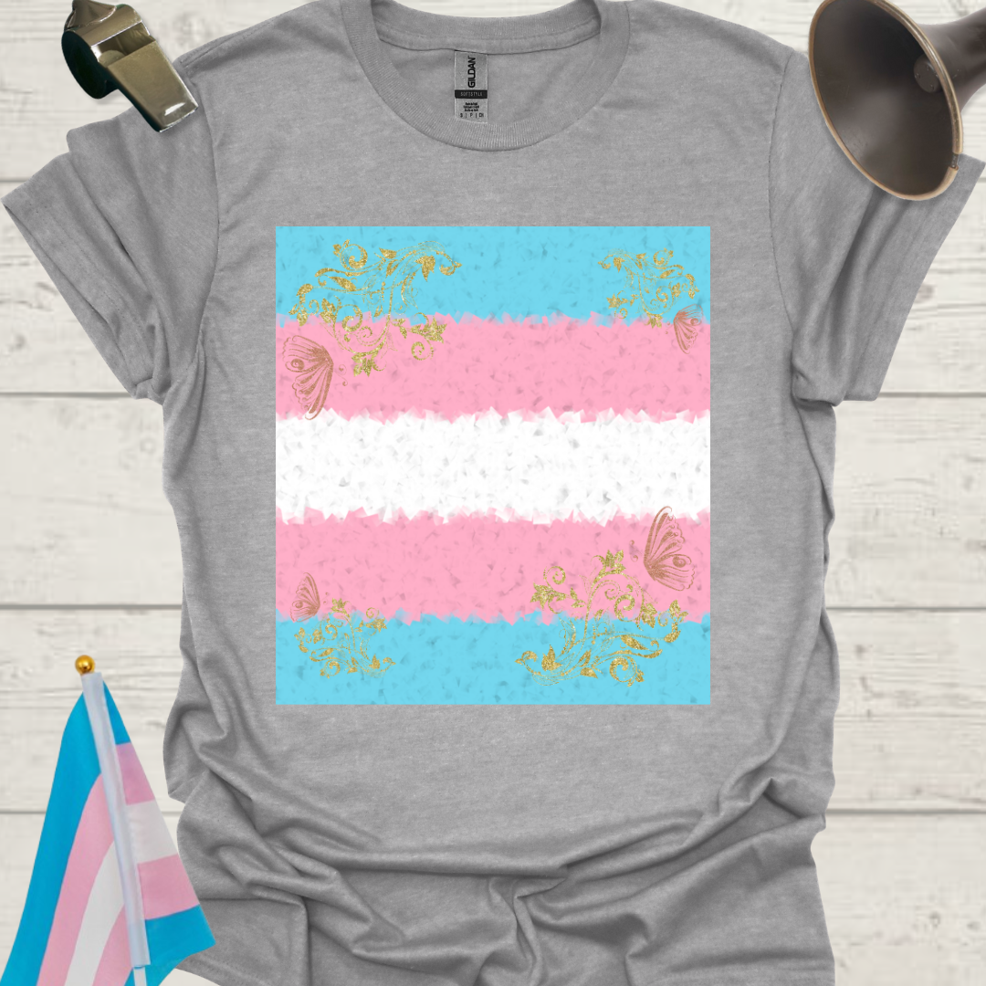 Transgender Pride T-Shirt, Cubism Golden Floral, Butterflies Pattern Unisex Softstyle