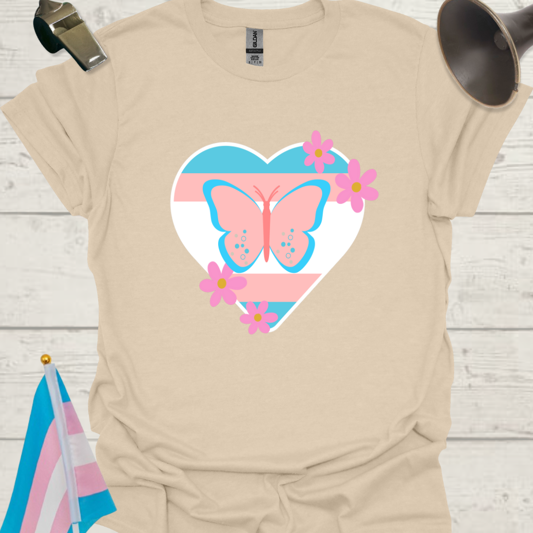 Transgender Pride Flag Colors, Heart, Butterfly and Flowers T-Shirt