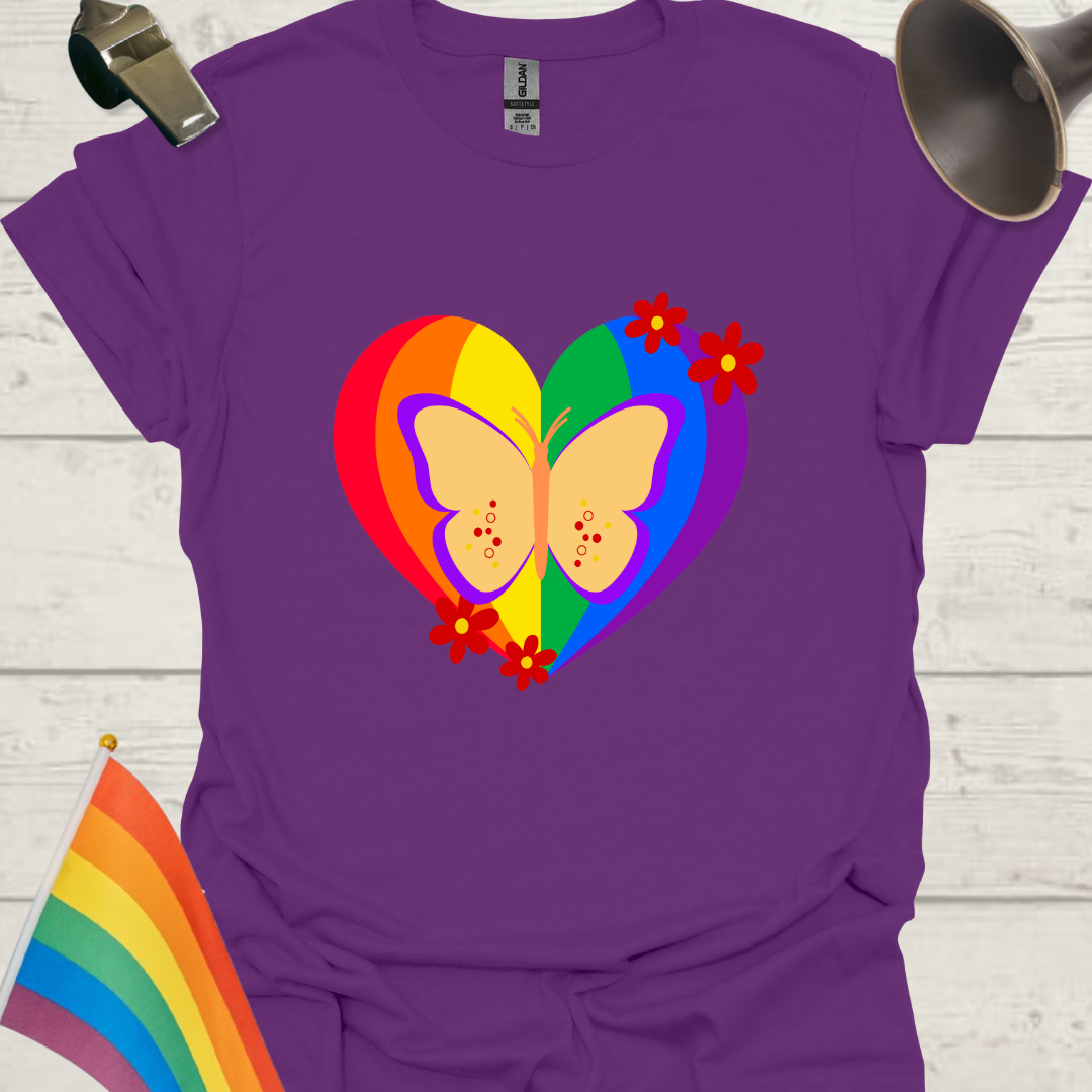 LGBT Pride Heart Butterfly and Flowers T-Shirt