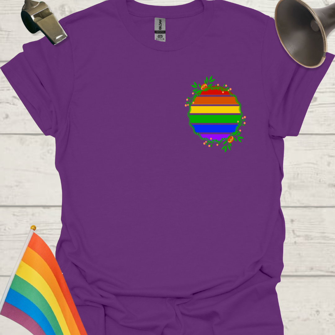 LGBT Pride Rainbow Stripes in a sphere with wild flowers T-shirt